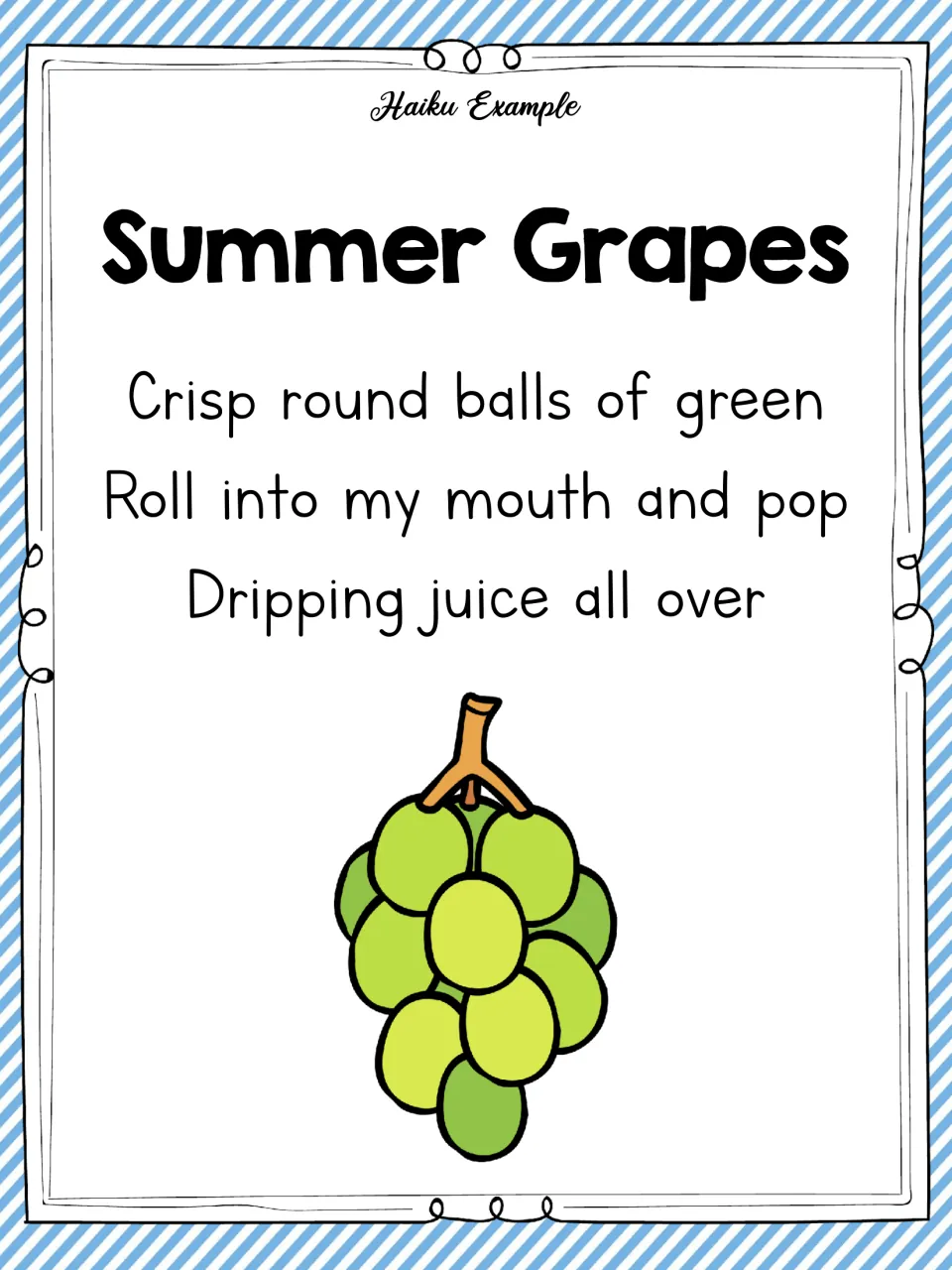 Haiku example 'Summer Grapes': three lines on crisp green grapes that roll into the mouth, pop and drip juice