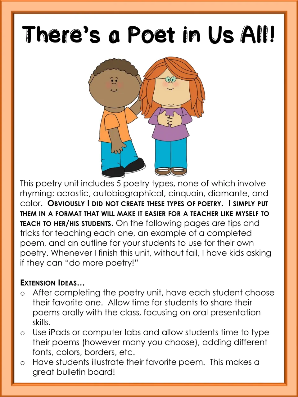 There's a Poet in Us All! intro to five non-rhyming poem types: acrostic, autobiographical, cinquain, diamante and color
