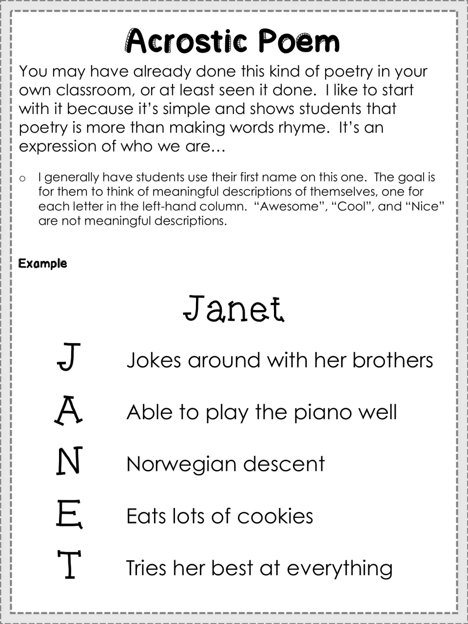 Acrostic poem guide: students write a meaningful self-description for each letter of their first name, modeled on JANET