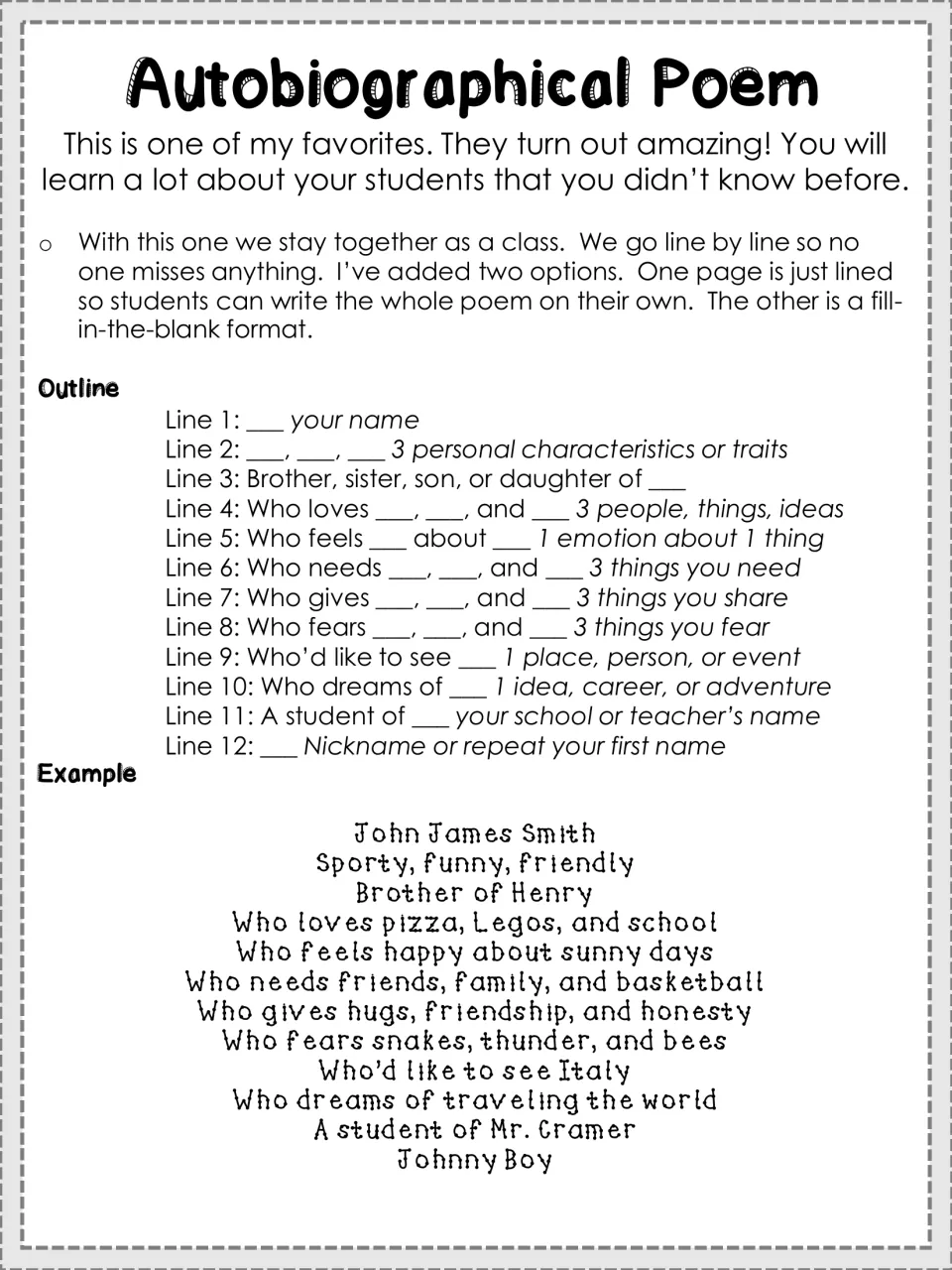Autobiographical poem guide: 12-line outline (name, traits, who loves, fears, dreams of) with the example John James Smith