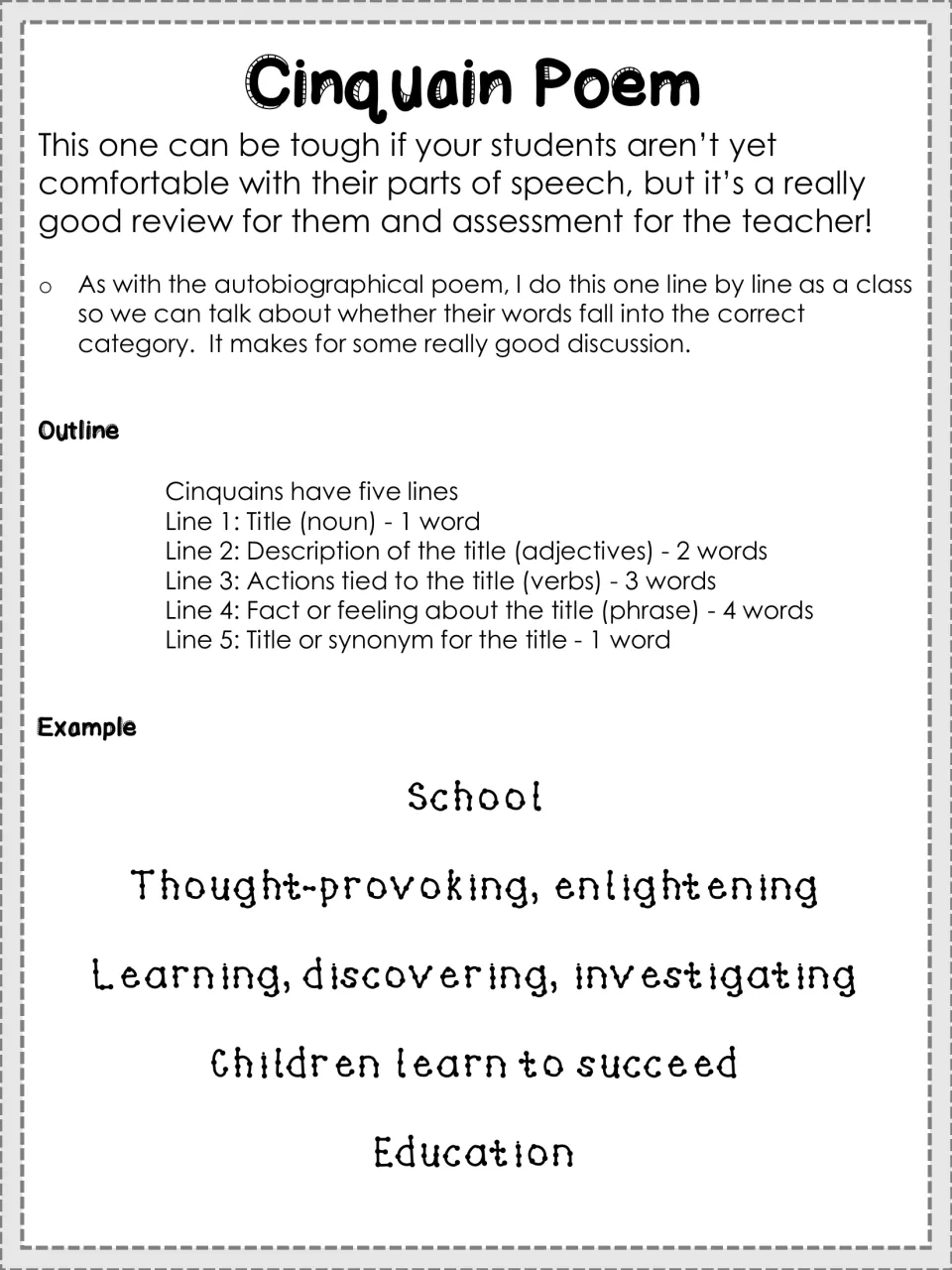 Cinquain poem guide: five-line outline using a noun, adjectives, verbs and a phrase, with the example School to Education