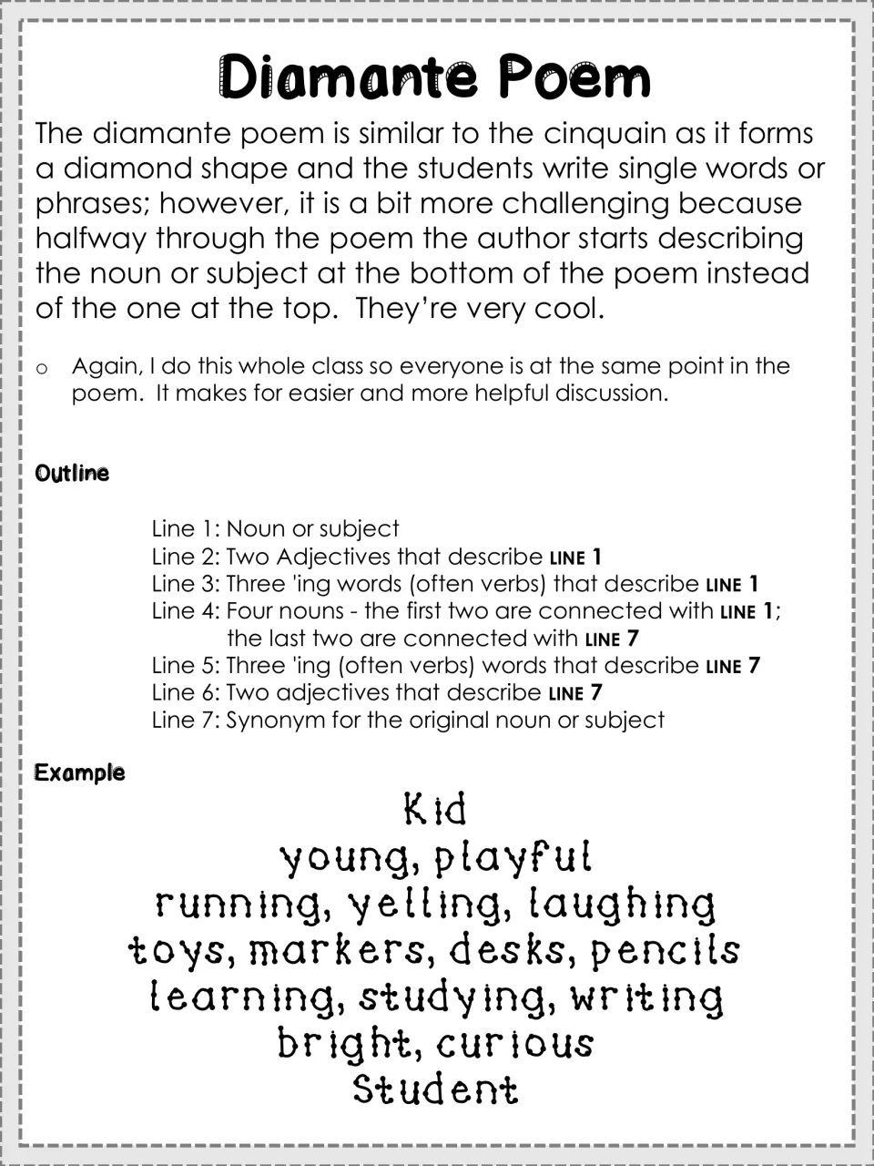 Diamante poem guide: seven-line outline shifting from one noun to its synonym, with an example from Kid to Student