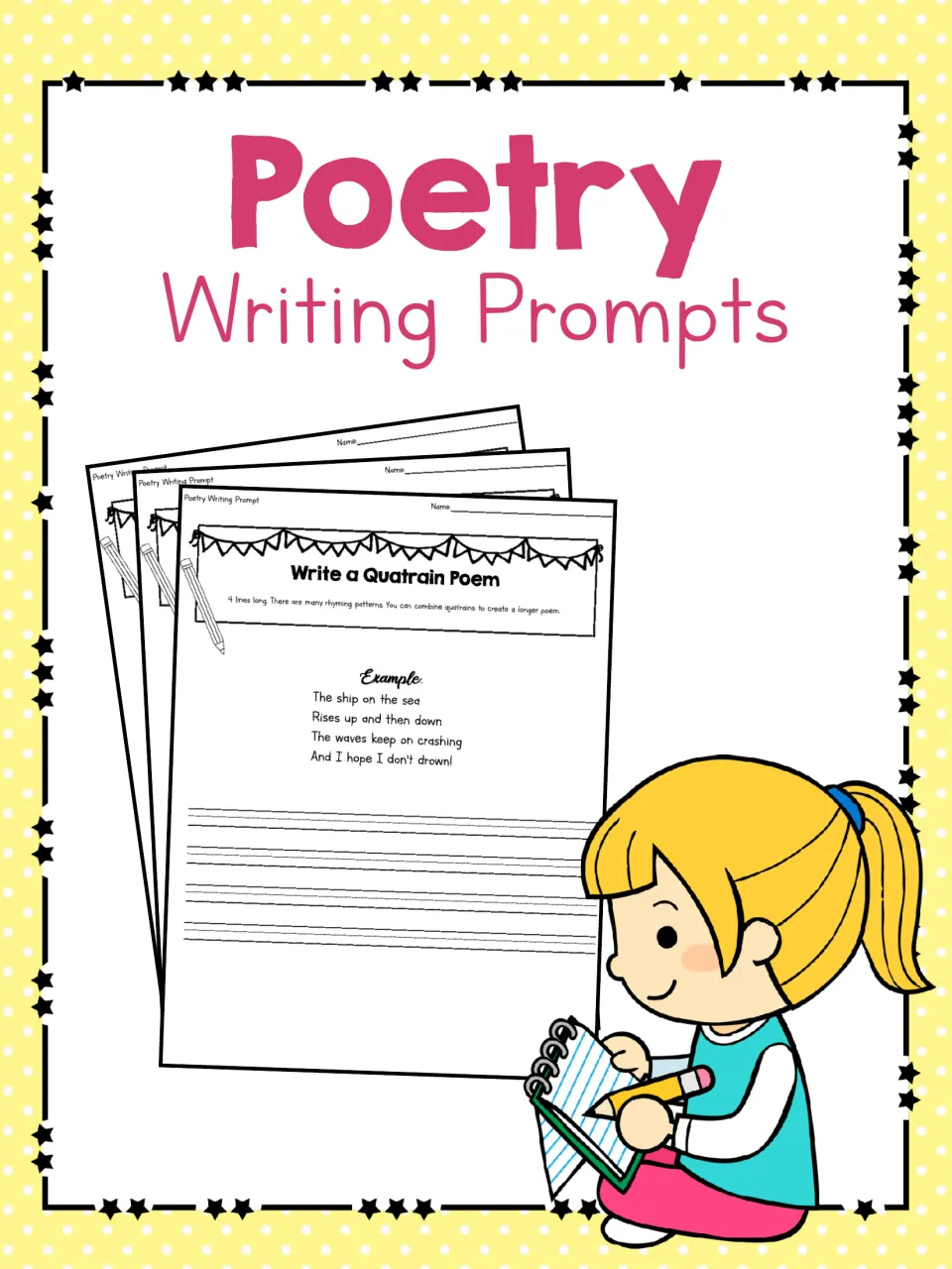 Poetry Writing Prompts cover showing fanned prompt sheets led by Write a Quatrain Poem and a girl writing in a notebook