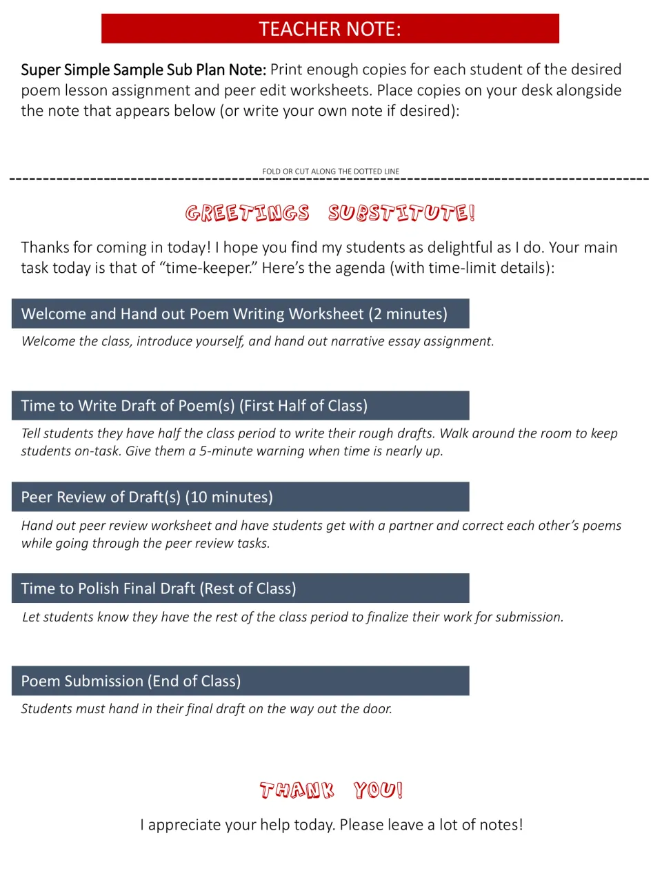 Substitute note: fold-or-cut letter with the timed agenda for poem drafting, peer review, polishing and submission