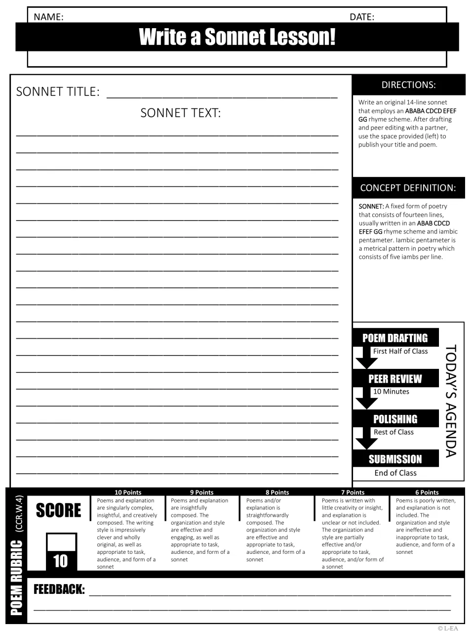 Sonnet writing: students compose an original 14-line sonnet using an ABAB CDCD EFEF GG rhyme scheme and iambic pentameter