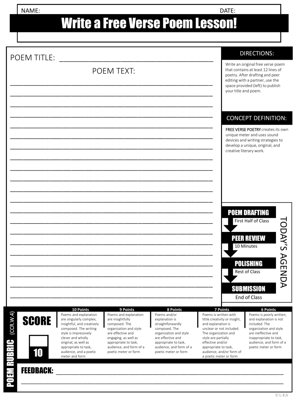 Free verse writing: students compose an original poem of 12+ lines with its own meter and sound devices