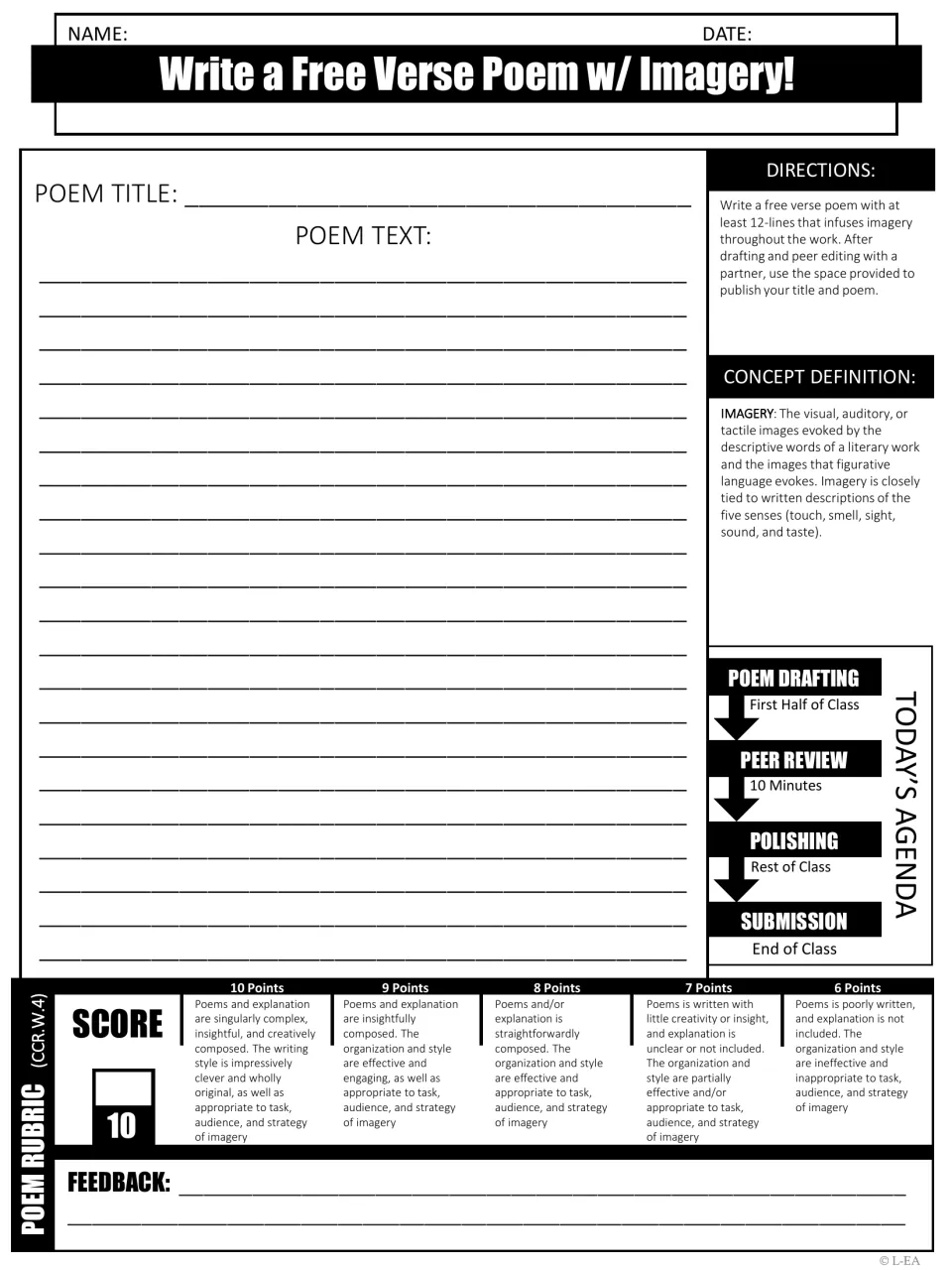 Imagery in free verse: students write a 12+ line poem rich in images of touch, smell, sight, sound and taste