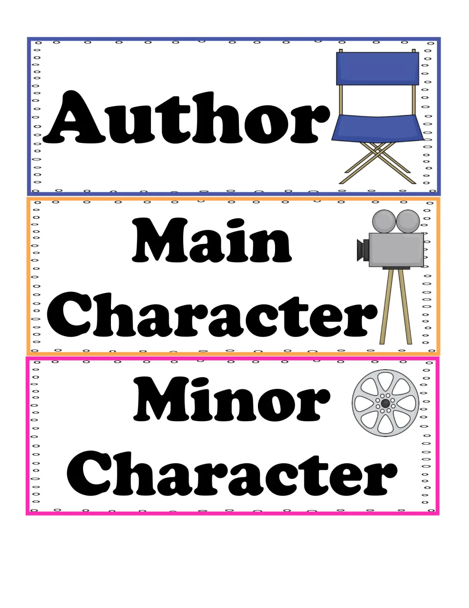 Point of view cards reading Author, Main Character and Minor Character, each with a movie-themed picture, for holding up