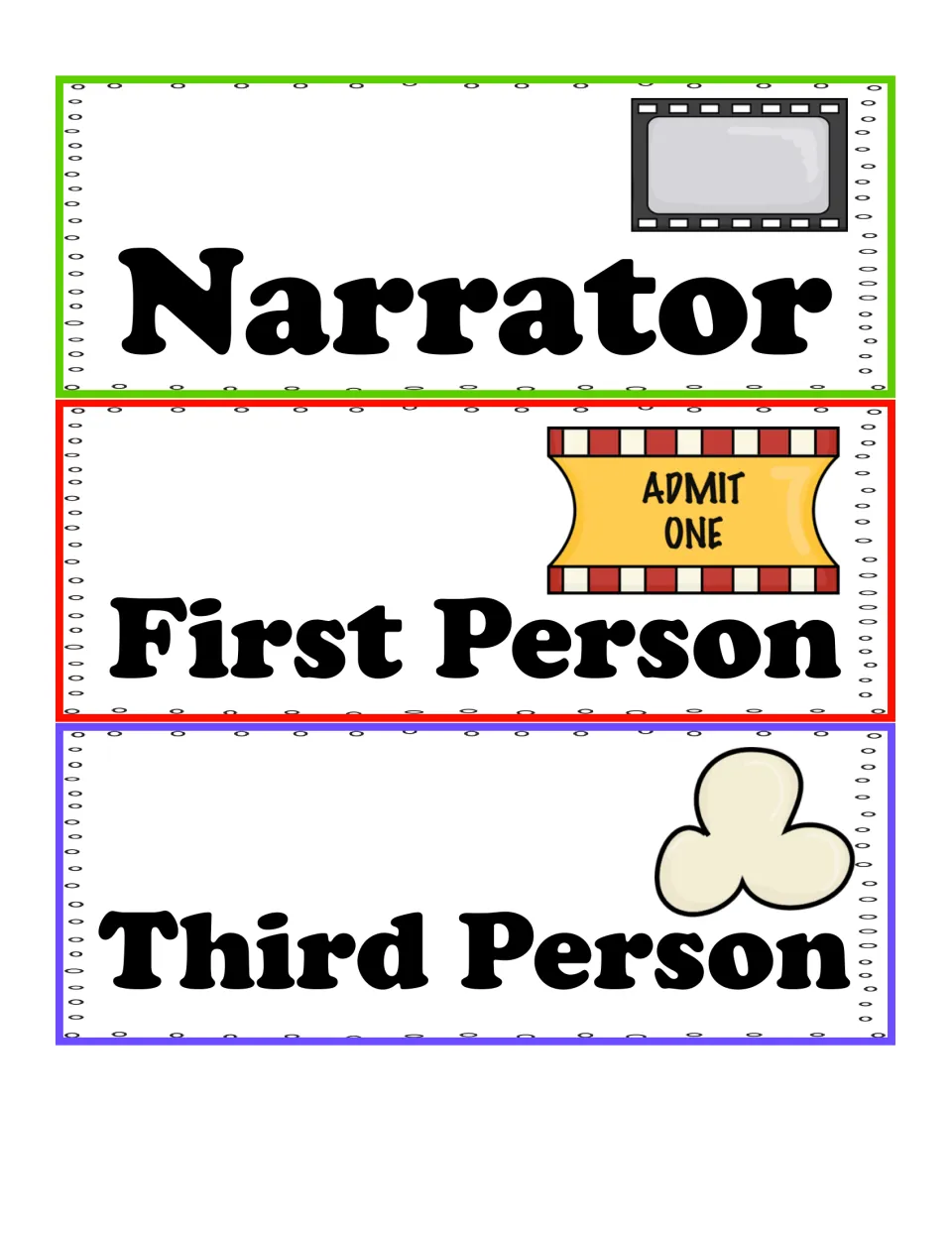 Narrator vocabulary cards: Narrator, First Person and Third Person, with film strip, ticket and popcorn pictures