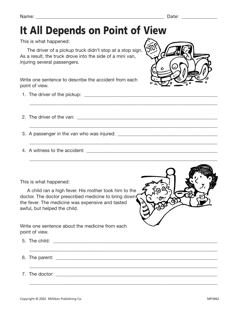 It All Depends on Point of View: students write a sentence on a truck crash and a child's medicine from each person's view