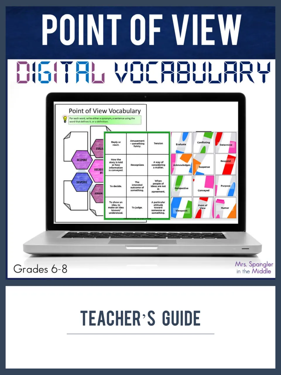 Point of View Digital Vocabulary teacher's guide cover, Grades 6-8, showing a hexagon organizer and secret picture tiles