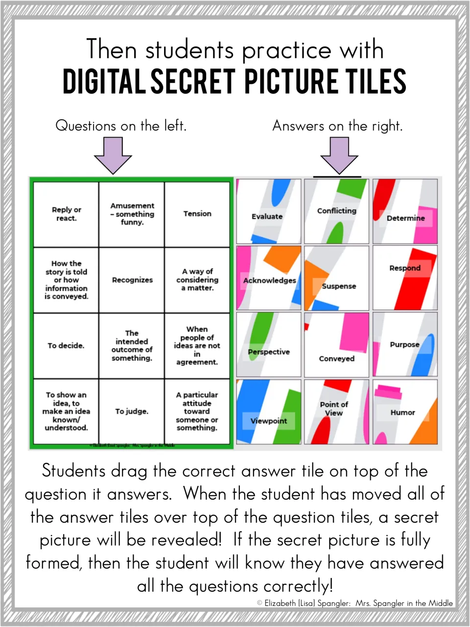 Secret picture tiles: students drag vocabulary words like suspense onto matching definitions to reveal a hidden image