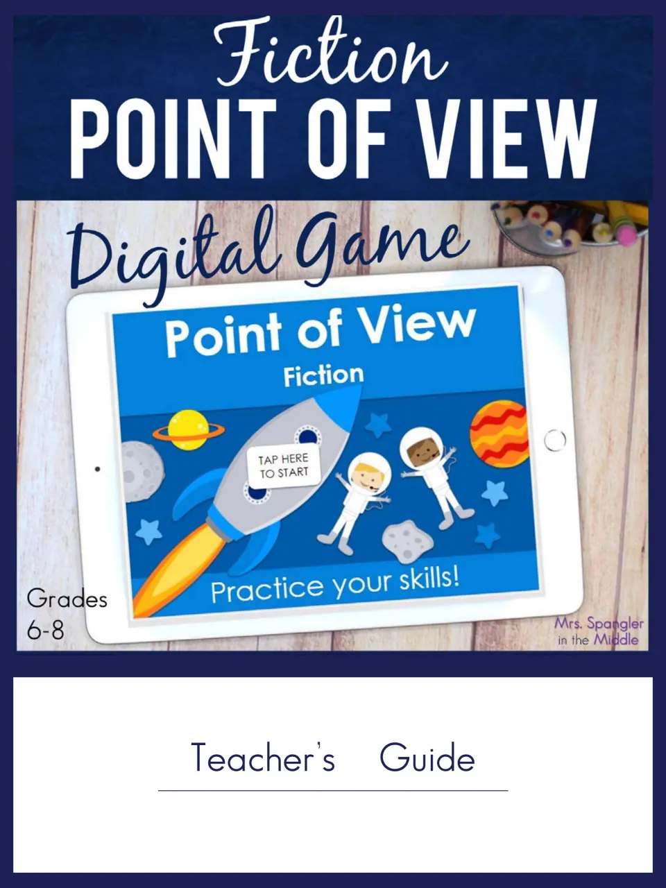 Fiction Point of View Digital Game teacher's guide cover, Grades 6-8, with a tablet showing the rocket game start screen