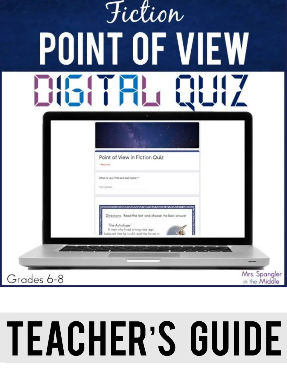 Point of View Fiction Digital Quiz teacher's guide cover for grades 6–8, showing the Google Forms quiz