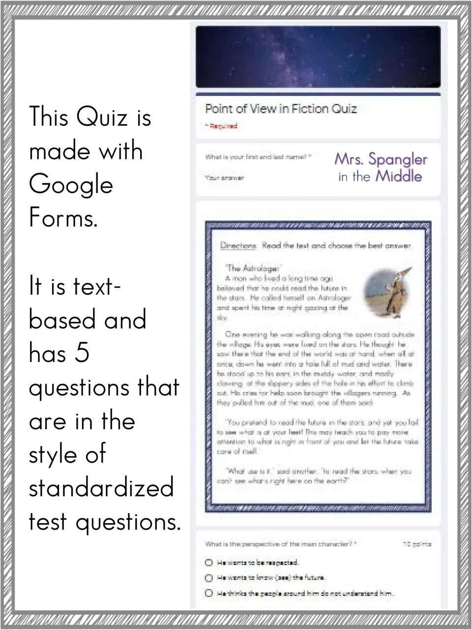 Quiz overview identifies Google Forms and five text-based questions in the style of standardized tests