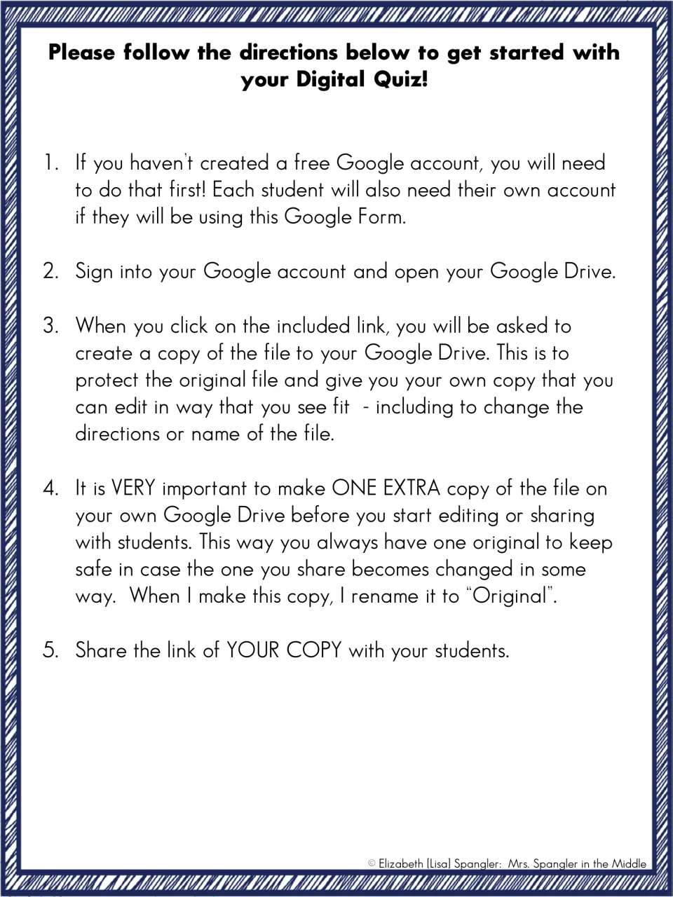 Quiz setup directions explain Google accounts, copying the form to Drive, saving a backup, and sharing