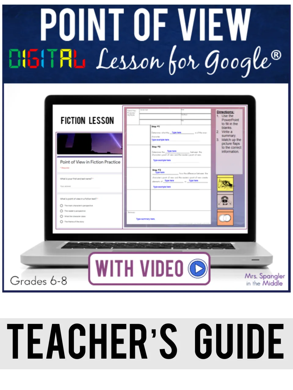 Point of View digital lesson for Google teacher's guide cover showing laptop with fiction notes slide and practice quiz