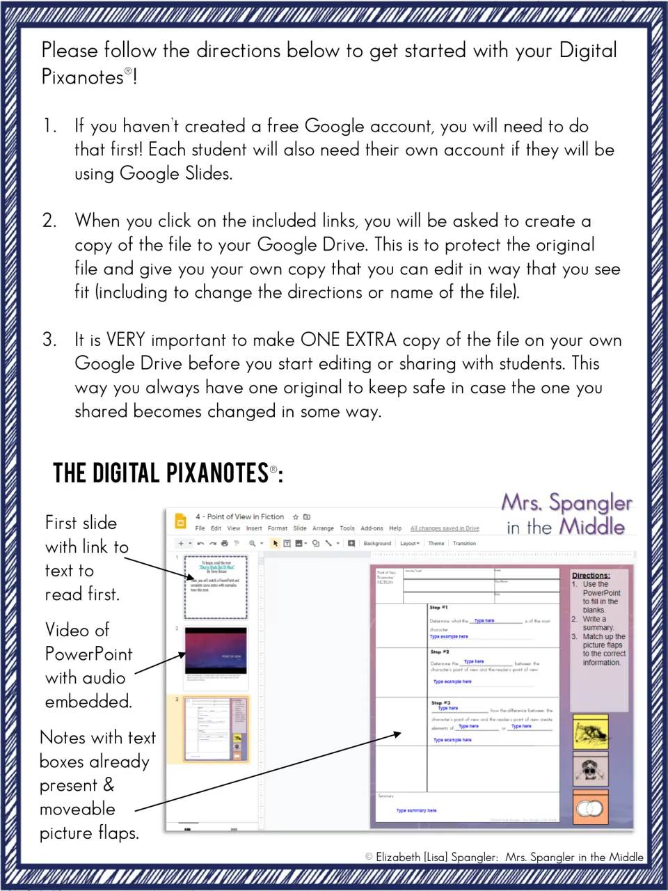 Getting started steps for digital Pixanotes: Google account, copying files to Drive, plus labeled screenshot of the slides