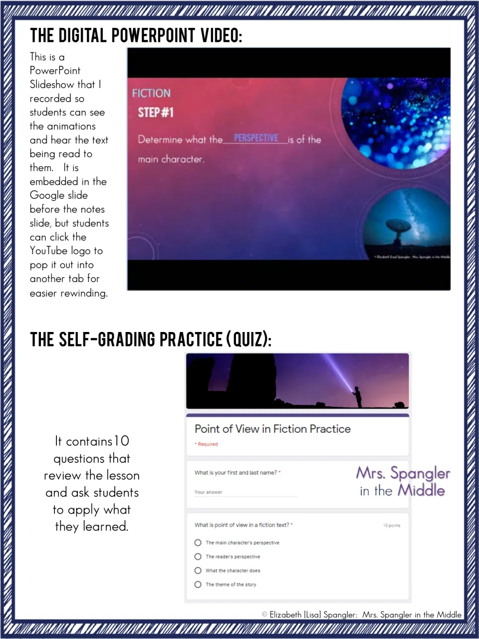 Recorded PowerPoint video slide on main character perspective and the 10-question self-grading point of view practice quiz
