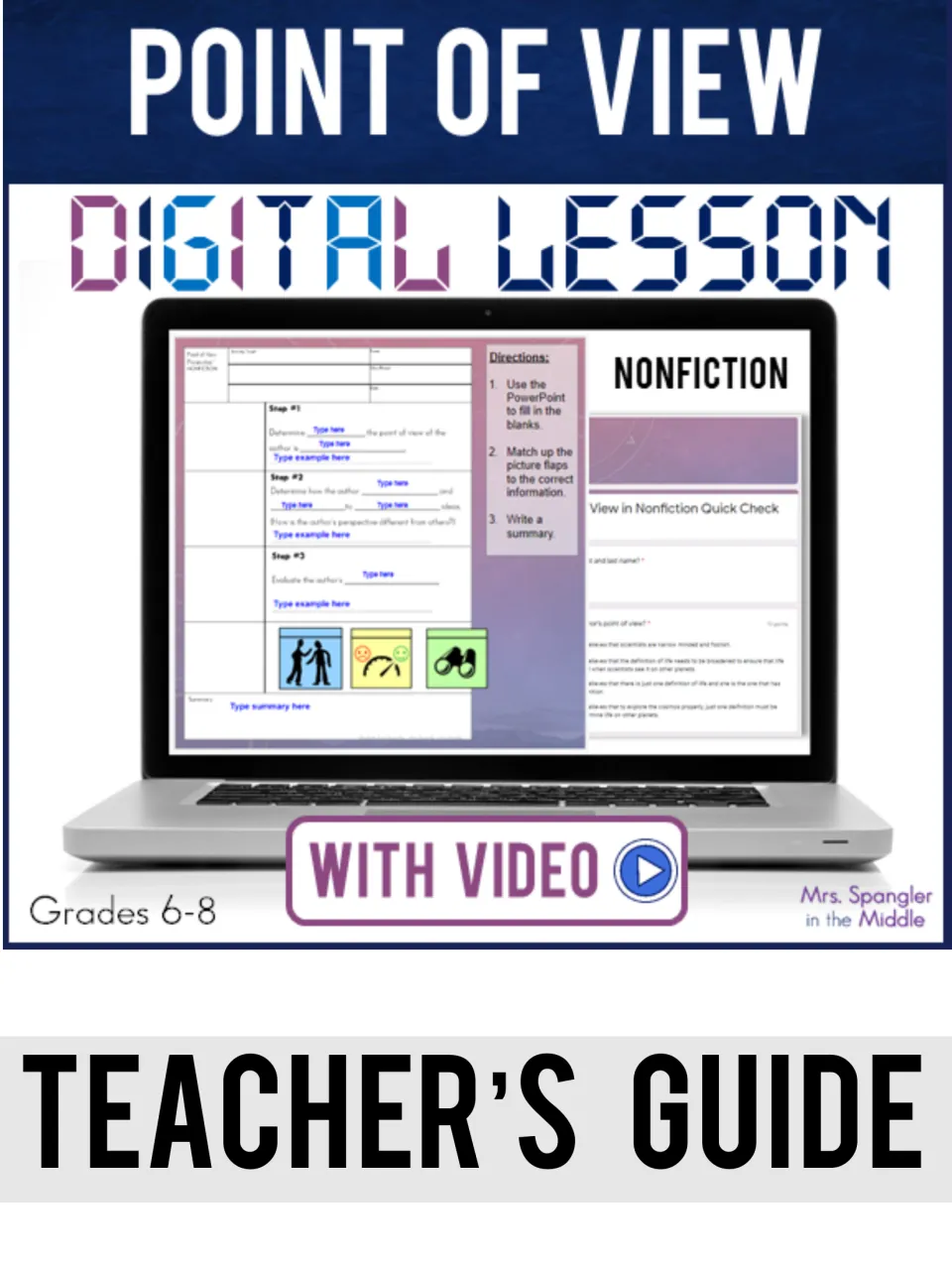Point of view teacher's guide cover for a Grades 6-8 nonfiction digital lesson showing notes slides, a quiz and video