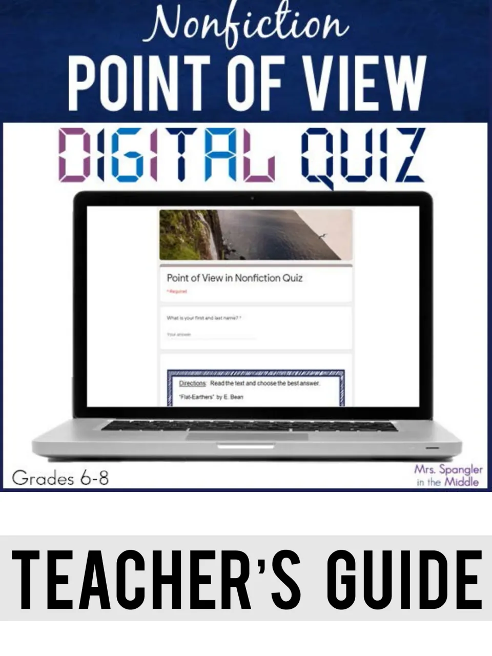 Nonfiction point of view digital quiz teacher's guide cover for grades 6-8, with a laptop showing the Google Form quiz
