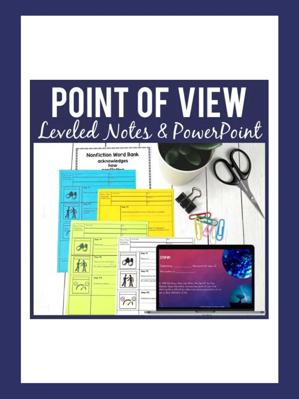 Point of view leveled notes and PowerPoint cover showing color note pages, a nonfiction word bank and a Step #1 slide
