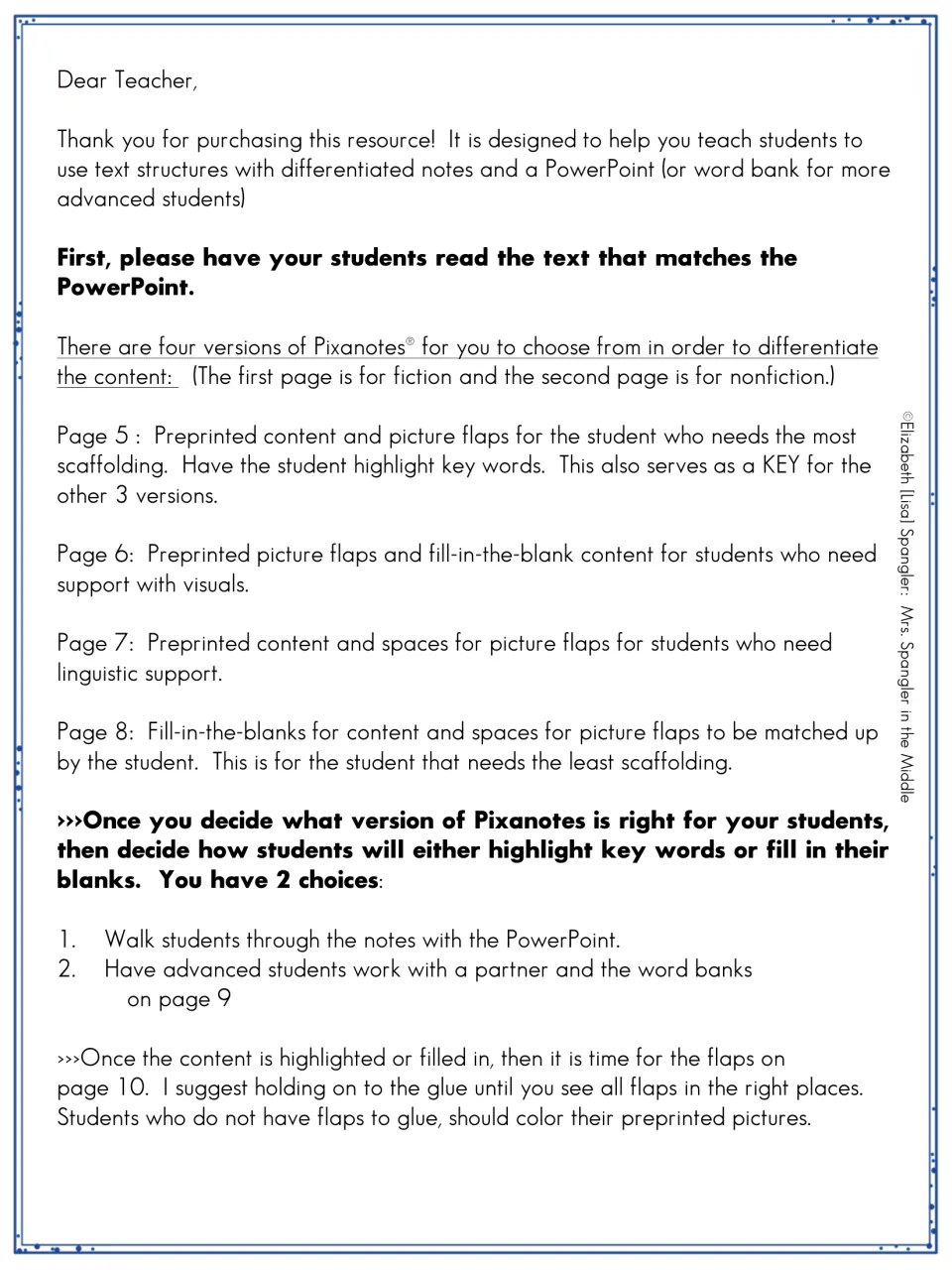 Teacher directions: how to choose among four Pixanotes versions, use the PowerPoint or word bank, then glue picture flaps