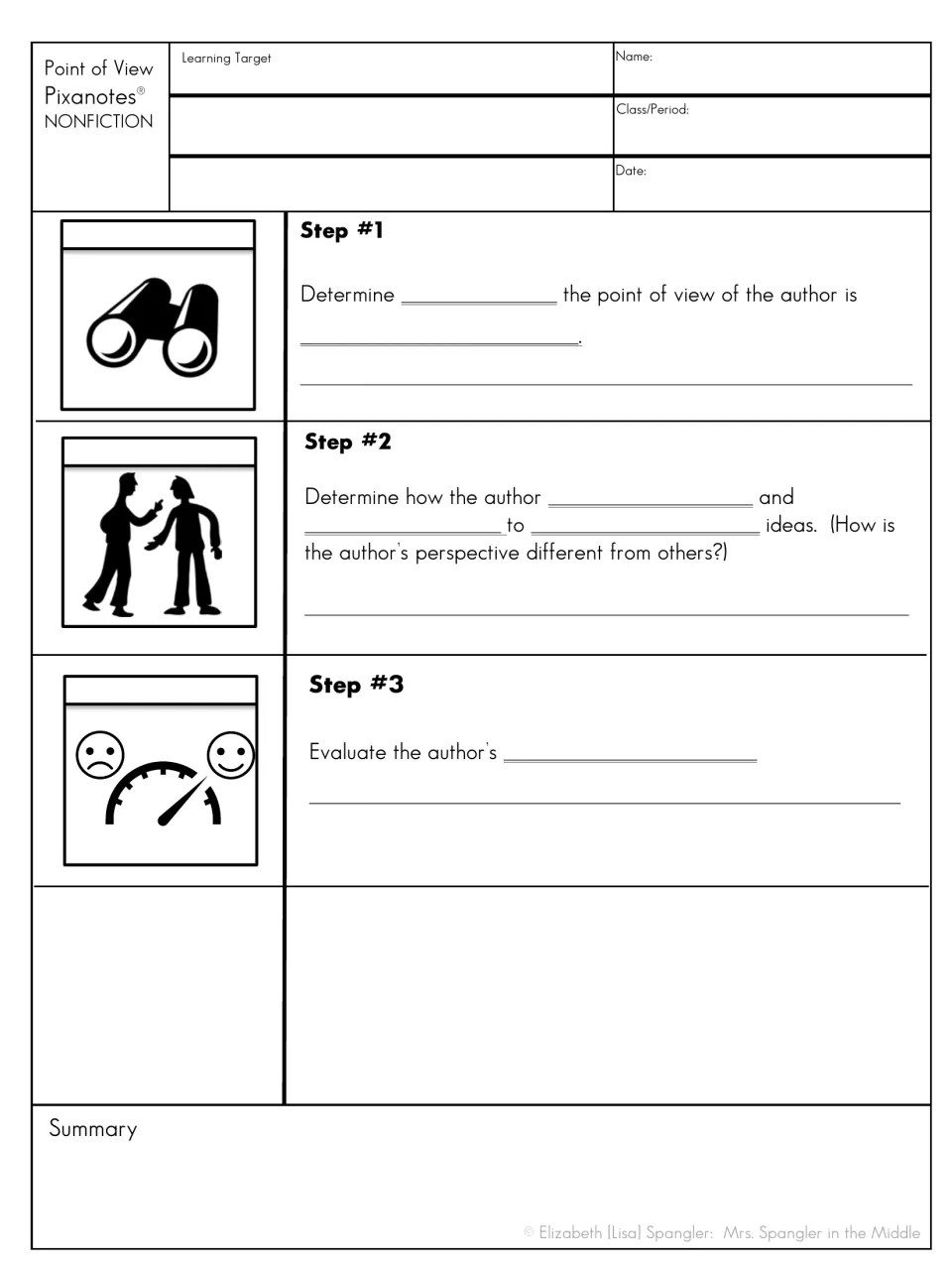 Point of view notes, picture version: students fill in blanks for three steps to evaluate an author's perspective