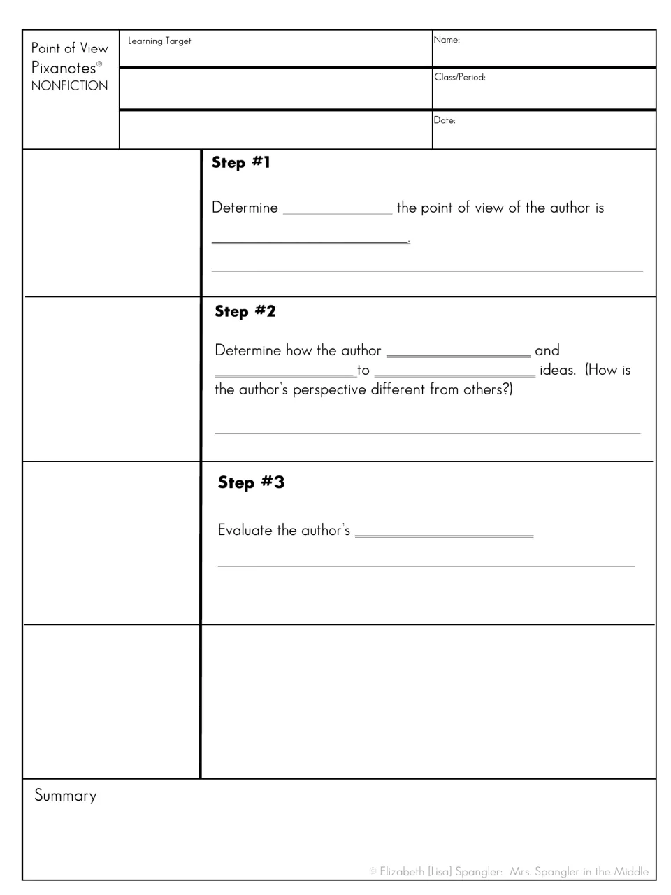 Point of view notes, least scaffolded: students fill in all three steps and match binocular, debate and gauge flaps
