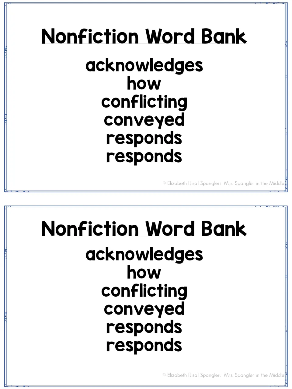 Nonfiction word bank listing acknowledges, how, conflicting, conveyed and responds for filling in point of view notes