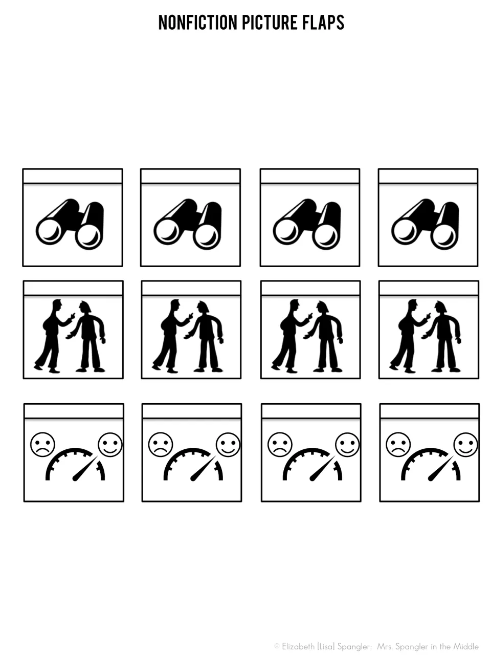 Nonfiction picture flaps to cut out: binoculars, two people debating and a mood gauge, four of each for the three note steps