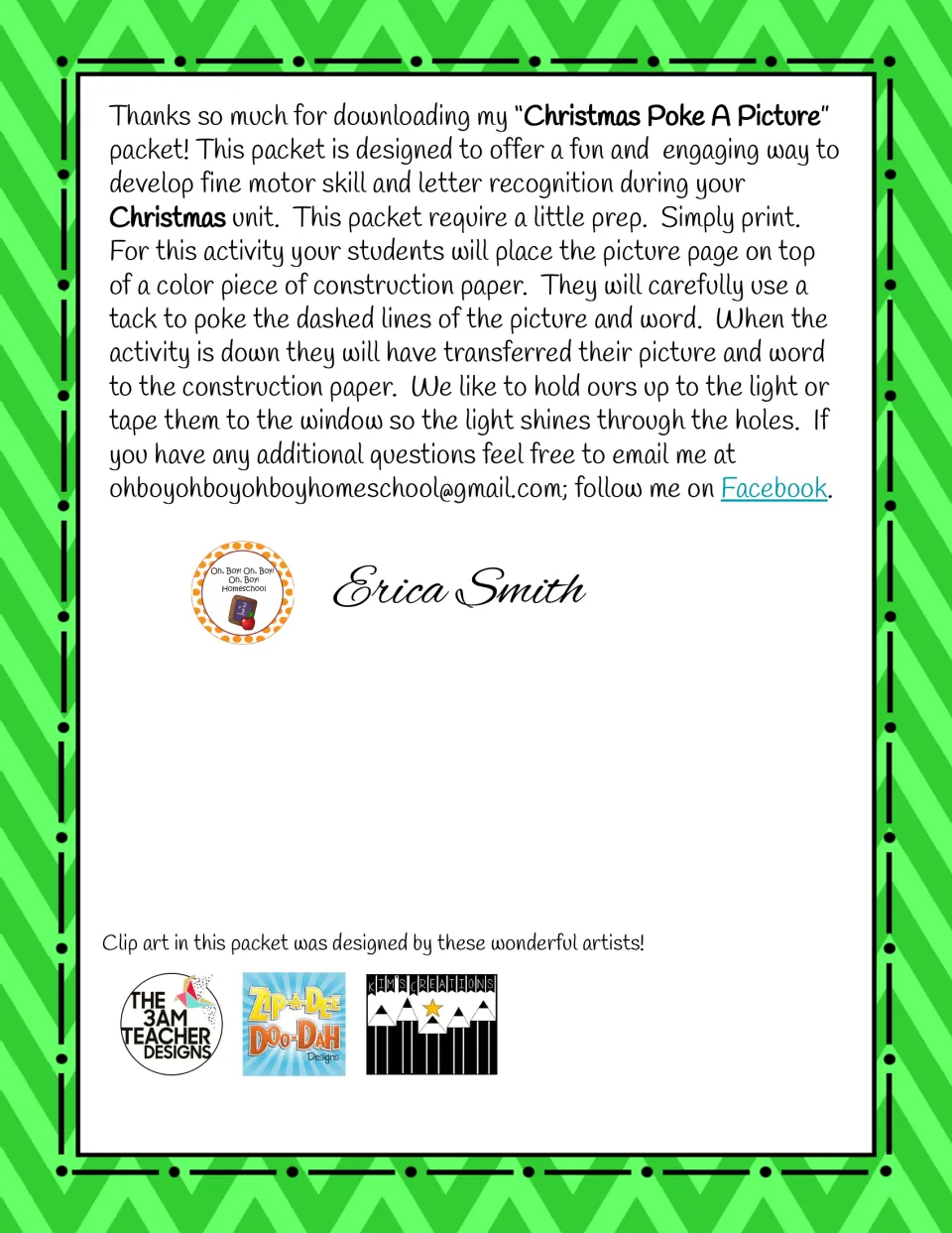 Christmas paper-poking directions explain using a tack to transfer dashed pictures and words to construction paper