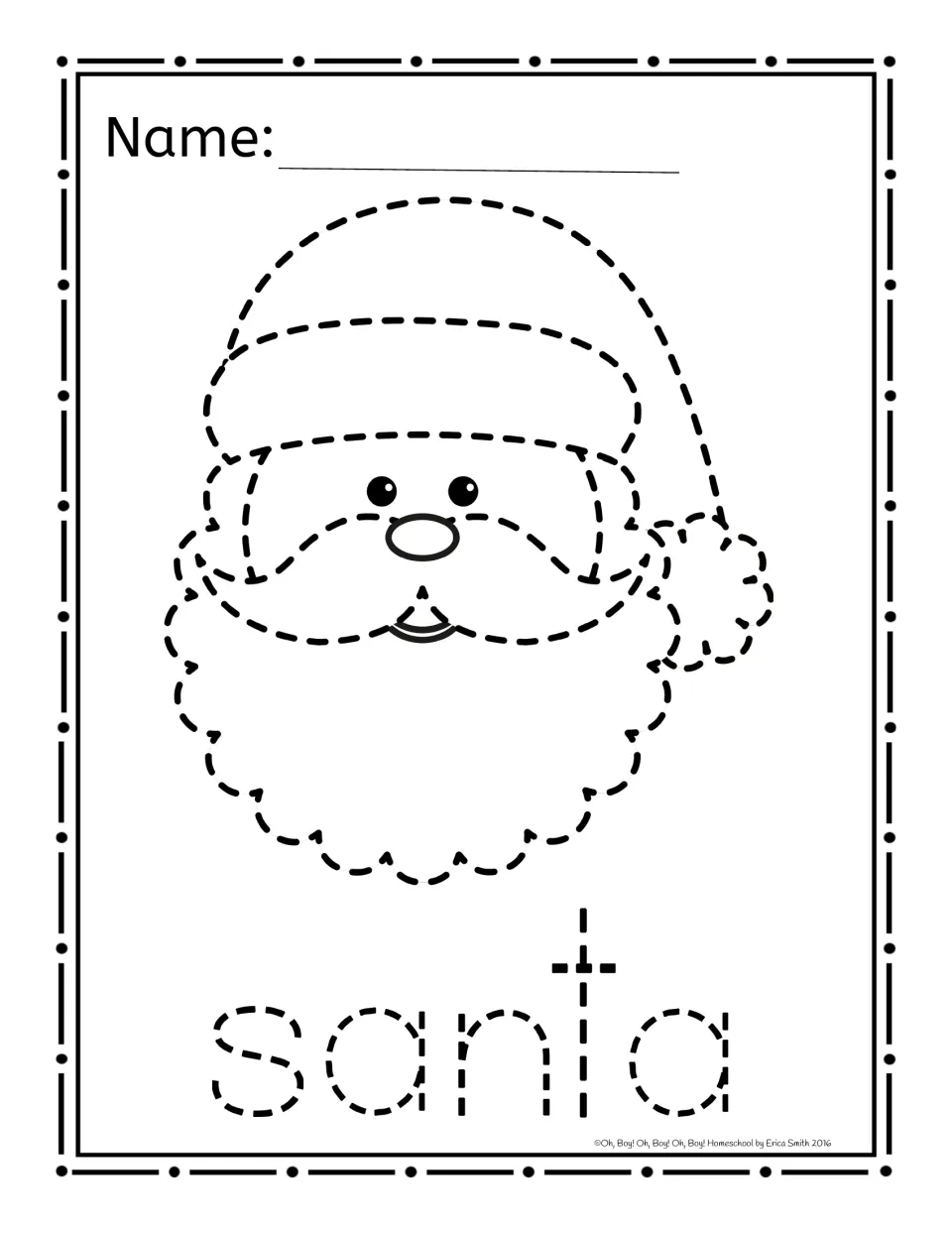 Christmas paper-poking activity sheet featuring a dashed Santa face and the lowercase word 'santa' to poke