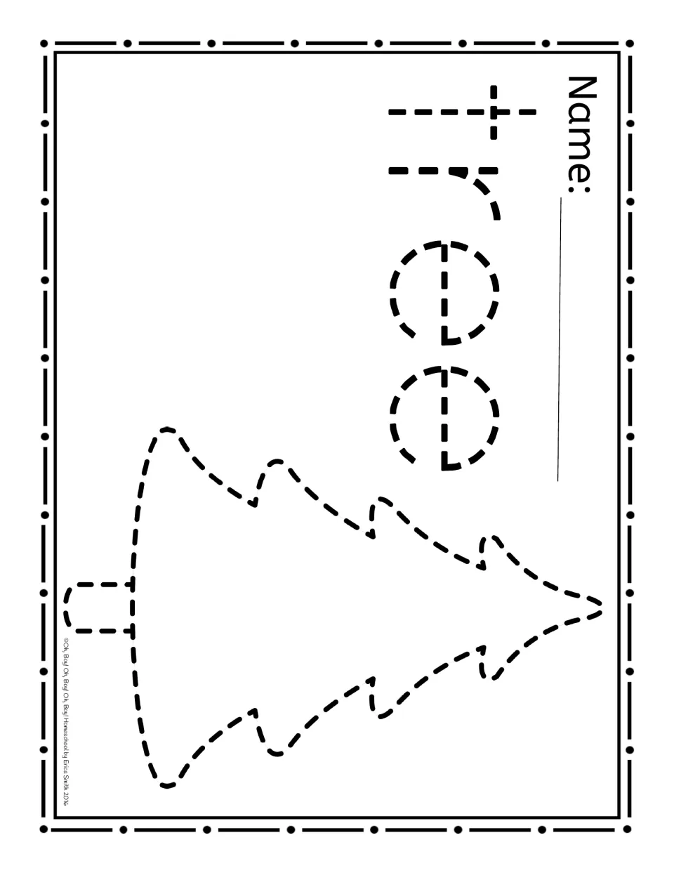 Christmas paper-poking activity sheet featuring a dashed evergreen tree and the lowercase word 'tree'