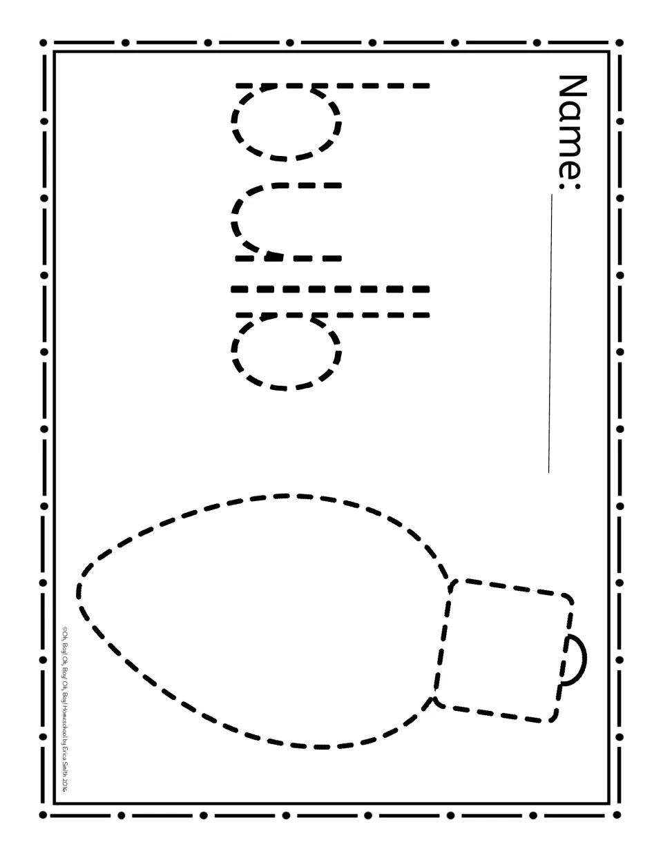 Christmas paper-poking activity sheet featuring a dashed Christmas light bulb and the lowercase word 'bulb'