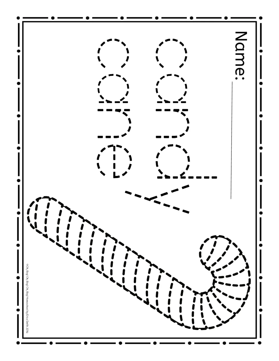 Christmas paper-poking activity sheet featuring a dashed striped candy cane and the words 'candy cane'