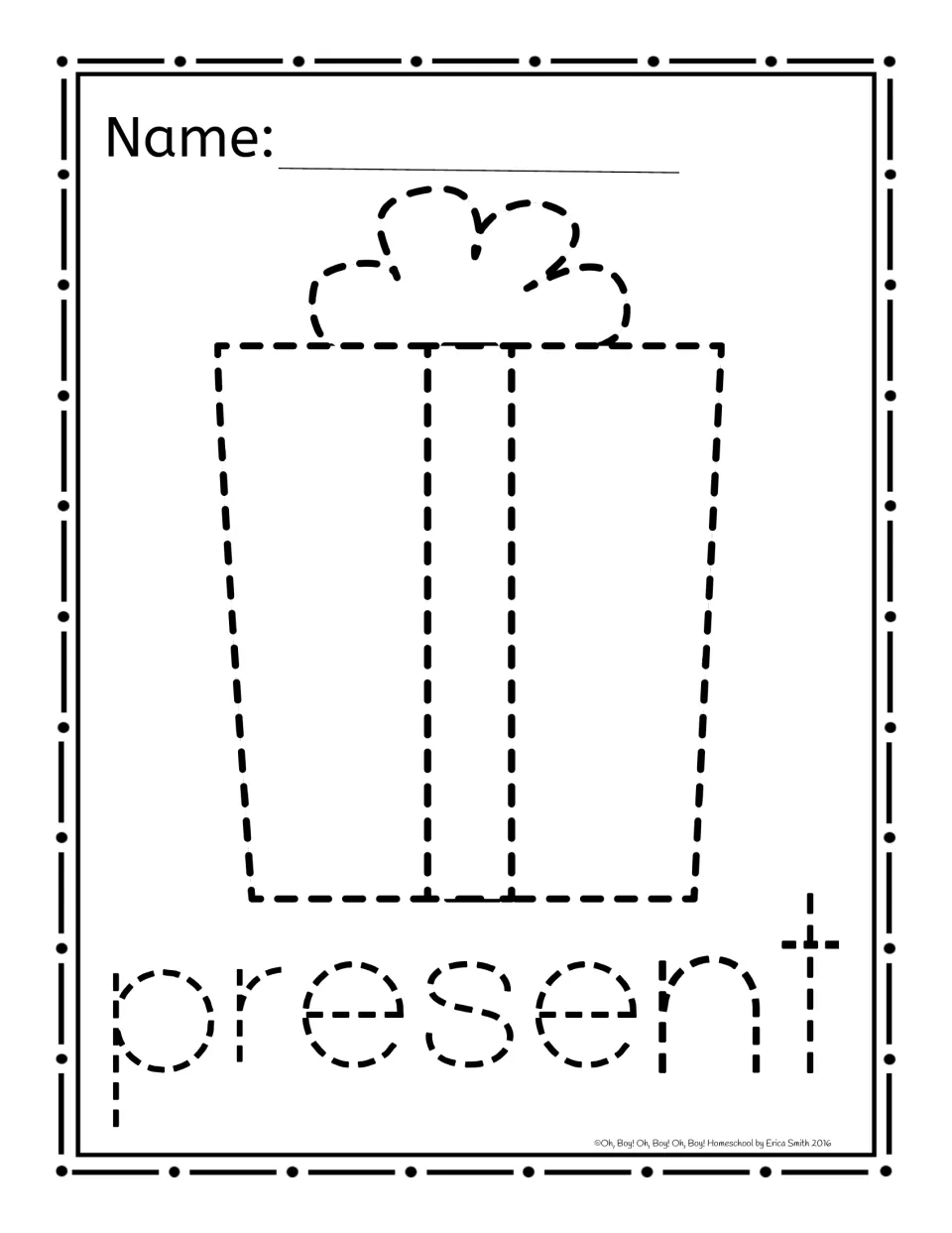 Christmas paper-poking activity sheet featuring a dashed gift with a bow and the lowercase word 'present'