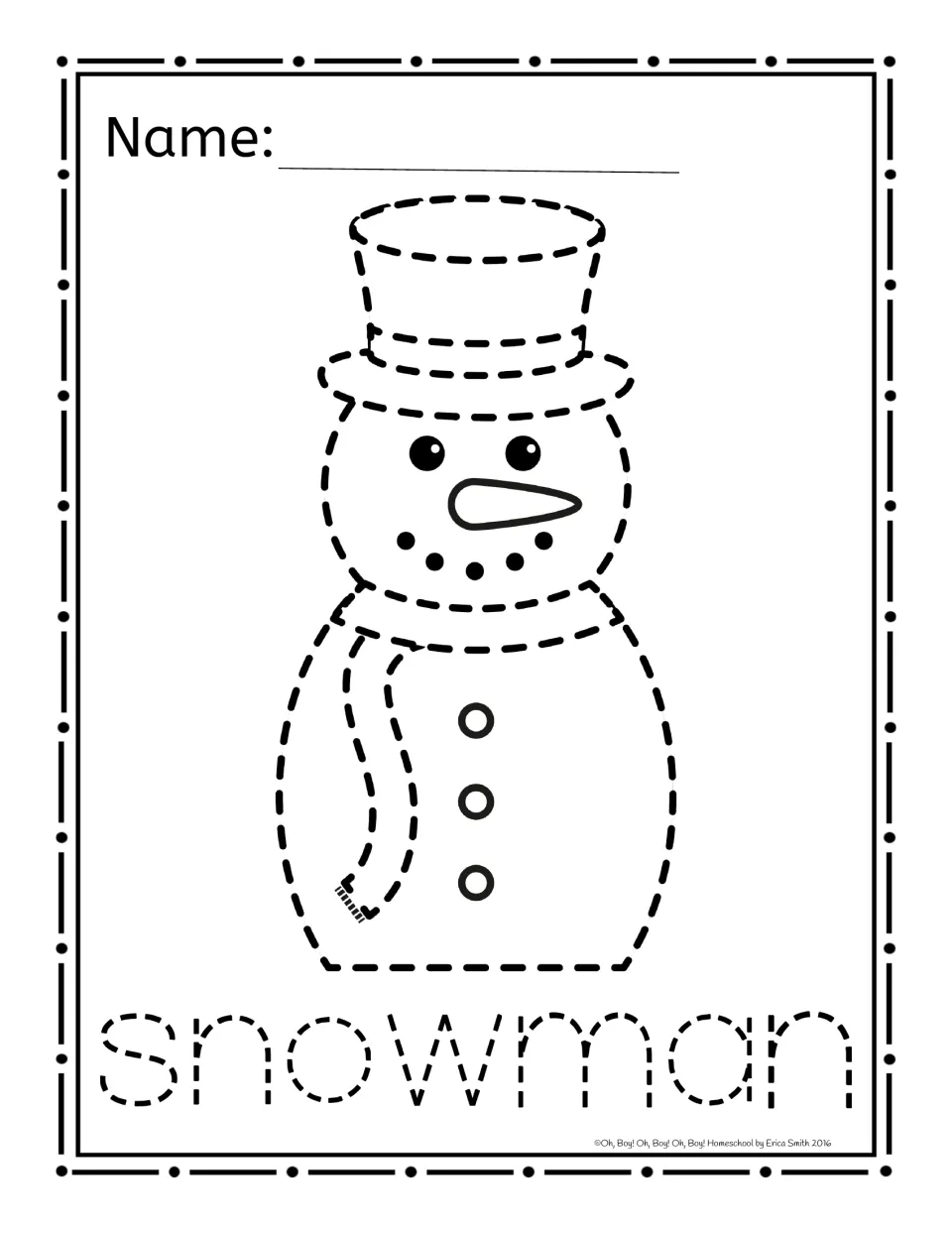 Christmas paper-poking activity sheet featuring a dashed snowman wearing a hat and scarf and the word 'snowman'