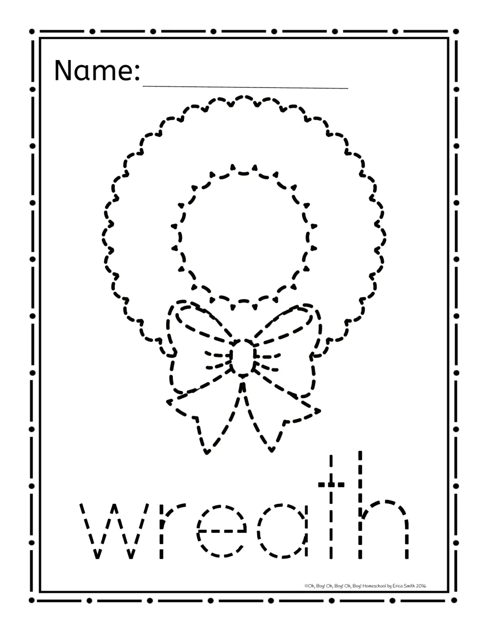 Christmas paper-poking activity sheet featuring a dashed wreath with a bow and the lowercase word 'wreath'