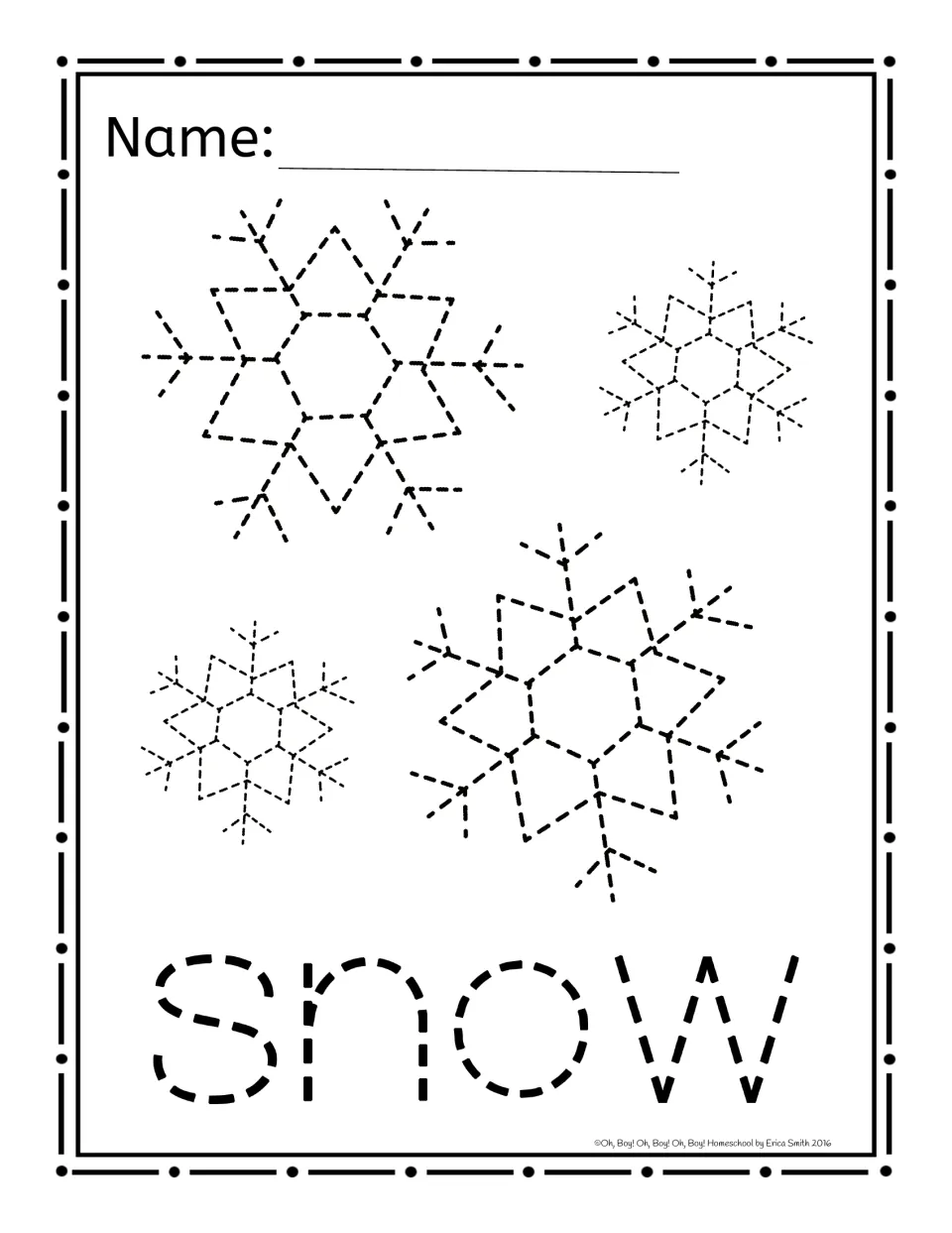 Christmas paper-poking activity sheet featuring four dashed snowflakes and the lowercase word 'snow'