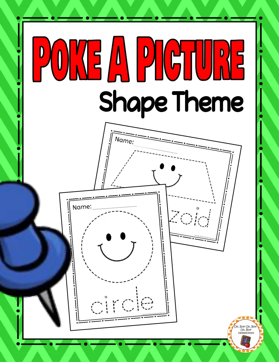 Poke a Picture: Shapes cover showing sample circle and trapezoid pages with smiley faces and a blue push pin