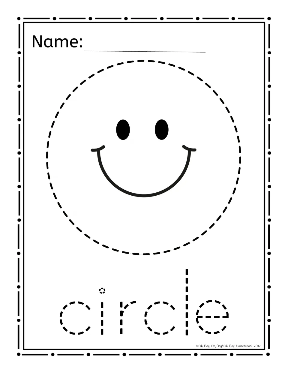 Circle shape page: a smiley face inside a dashed circle and the dashed word 'circle' to poke with a tack