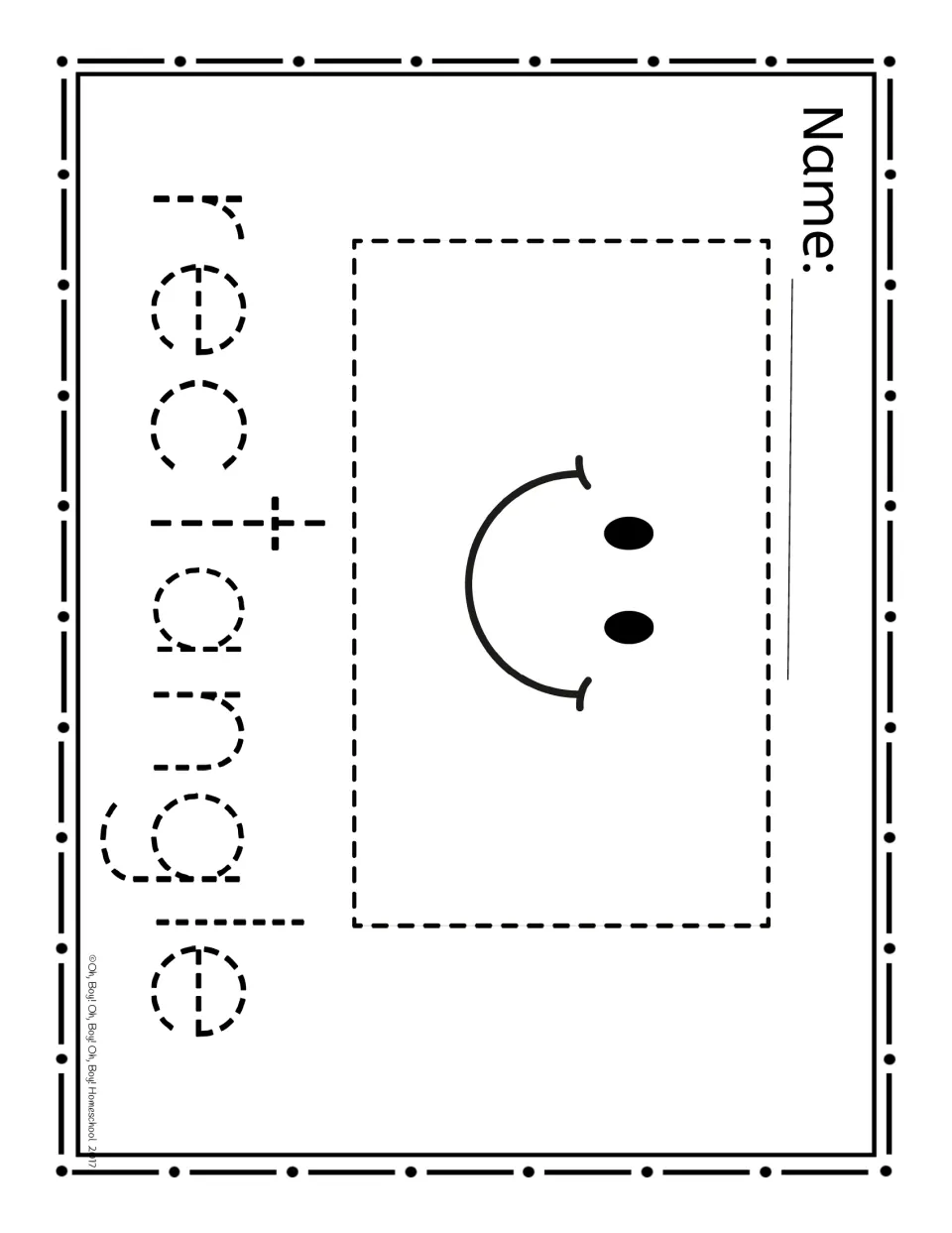 Rectangle shape page, landscape: a smiley face in a dashed rectangle above the dashed word 'rectangle' to poke