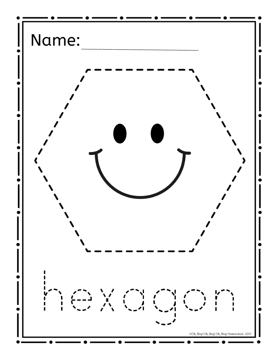 Hexagon shape page: a dashed hexagon around a smiley face with the dashed word 'hexagon' for pin poking