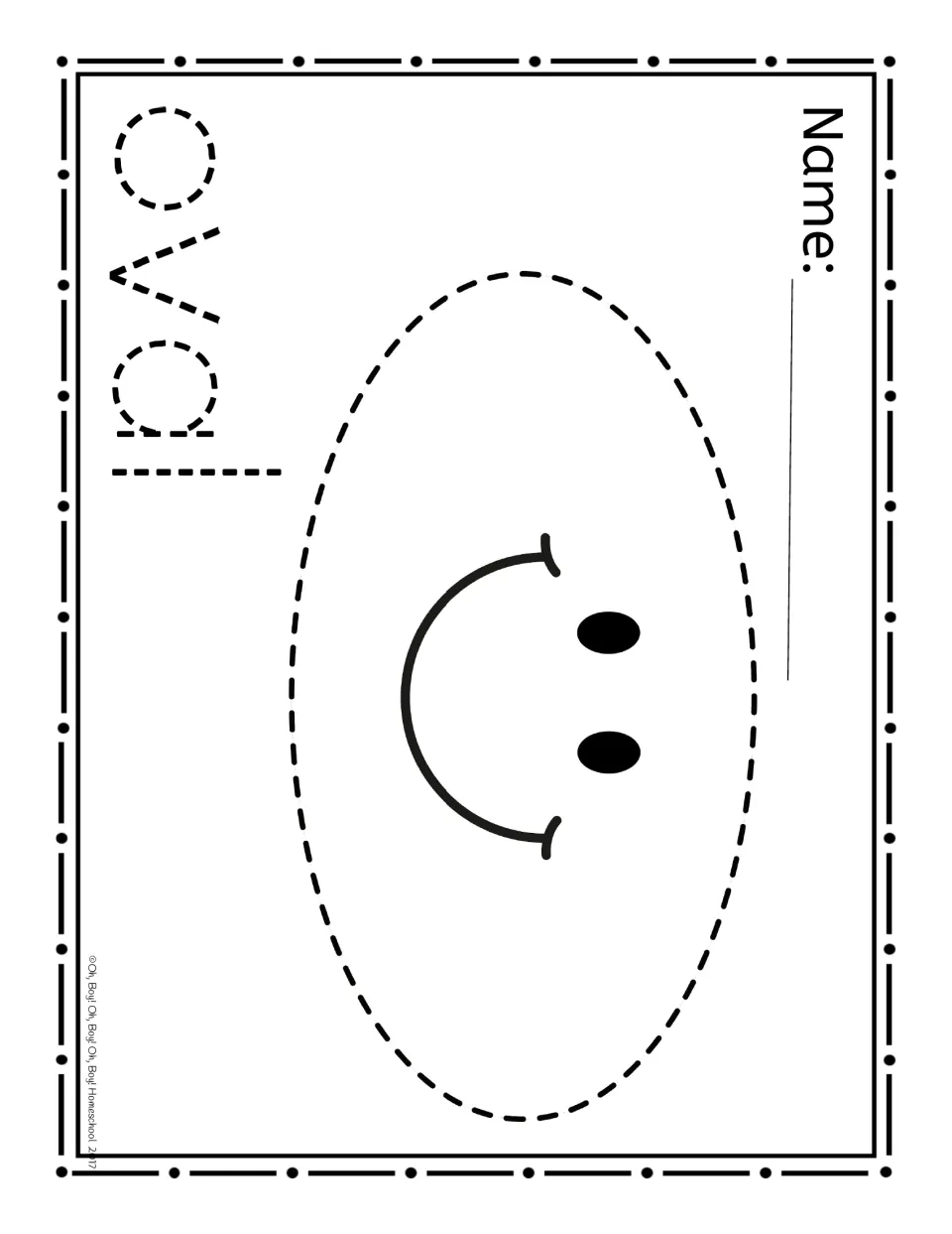 Oval shape page, landscape: a smiley face inside a dashed oval and the dashed word 'oval' to poke with a tack