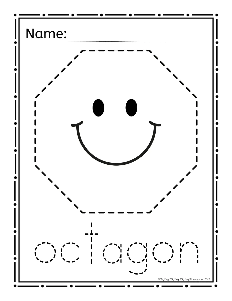 Octagon shape page: a smiley face framed by a dashed octagon, with the dashed word 'octagon' to poke through