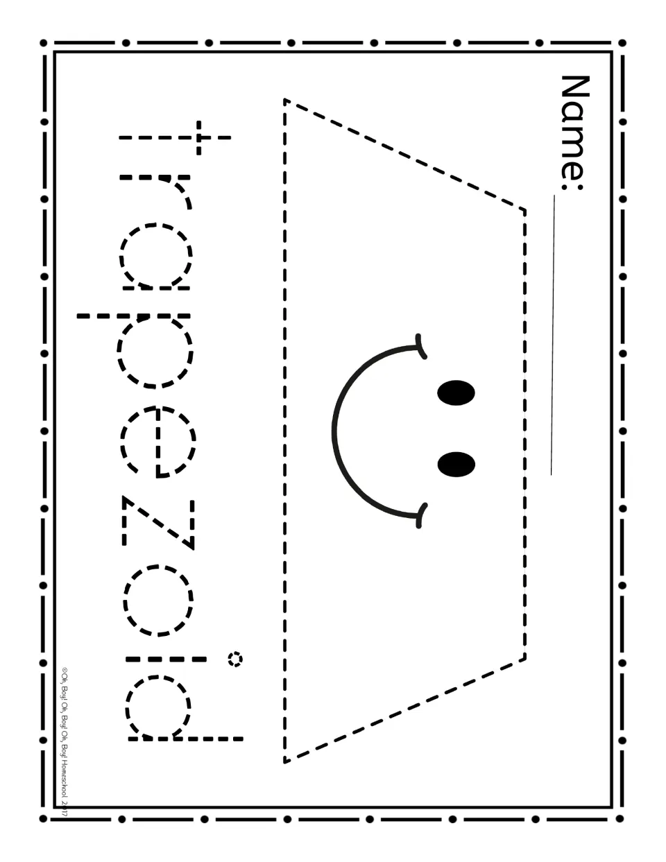 Trapezoid shape page, landscape: a dashed trapezoid with a smiley face and the dashed word 'trapezoid'