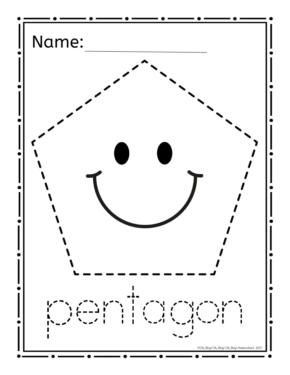 Pentagon shape page: a smiley face in a dashed pentagon above the dashed word 'pentagon' for tack poking