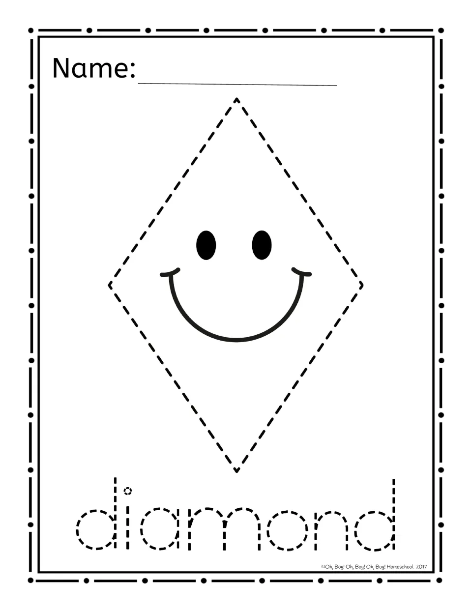 Diamond shape page: a dashed diamond outline with a smiley face and the dashed word 'diamond' to poke