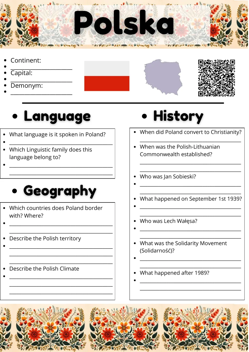 Polska country study: students note capital and demonym, then answer language, geography and history questions to 1989